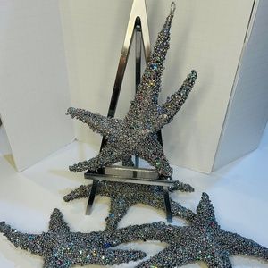 4 Large Vintage 10" Silver Iridescent Starfish Shaped Glitter Ornaments
